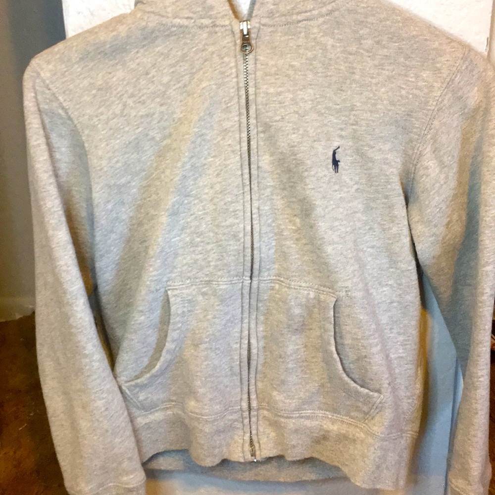 grey polo hoodie.